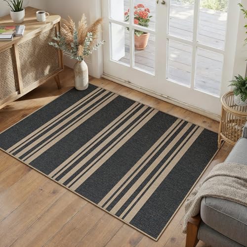Outdoor Rug 2x3 Washable Striped Jute Look Non Slip Mat | Black Farmhouse Design, Indoor Outdoor Entryway Door Mat for Kitchen, Mudroom and Bathroom, Non Shedding, Easy Care - color: Black/Striped, size: 2' x 3' (Rectangular)