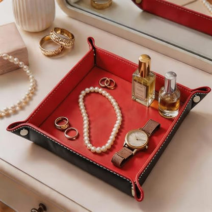 Valet Tray Desktop Storage Organizer – Vegan Leather Catchall Tray Bedside Vanity Tray Nightstand Caddy Holder for Remote Controller, Watch, Keys, Phone, Wallet, Coin, Jewelry, Red - color: Red