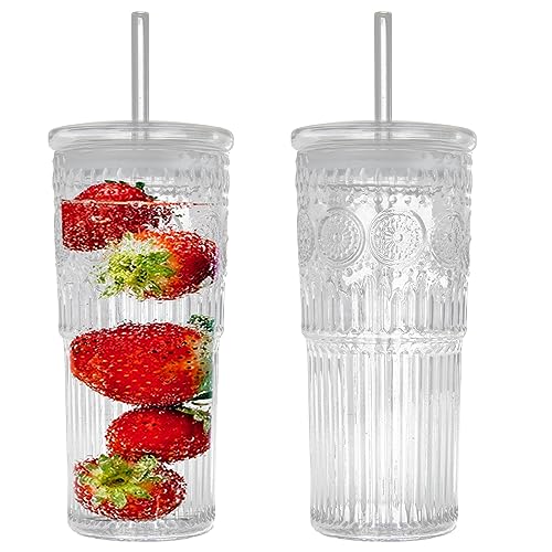 Bandesun All Glass Iced Coffee Cup With Lids and Straws，24 OZ High Borosilicate Glass Tumbler for Water Smoothie Juice Drinks - color: Clear
