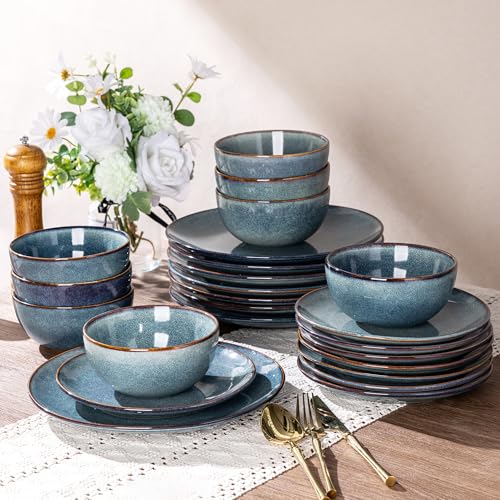 AmorArc Ceramic Dinnerware Sets for 8, 24 Pieces Handpainted Plates and Bowls Set, Scratch Resistant Stoneware Dishes Set, Dishwasher & Microwave Safe, Ceylon Blue - color: Ceylon Blue, size: Service for 8