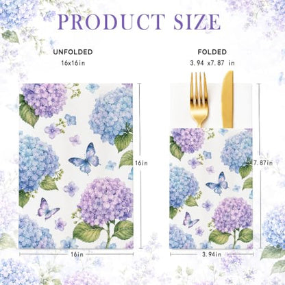 Hydrangea Linen Feel Pocket Napkins for Wedding Bridal Shower Supplies | Hydrangea Garden Design,Premium Linen Feel Paper,Built-In Flatware Pocket,Wedding, Baby Shower, Garden Party - color: Hydrangea