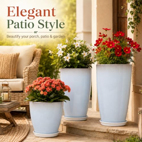Neoaider Set of 3 Tall Planter, 24/21/12in Large Plastic Planter, WhiteJade | Ceramic-Look, Lightweight, Built-in Drain Hole, Saucers, Tall Outdoor Planter for Porch, Garden, Patio, Balcony - color: White Jade