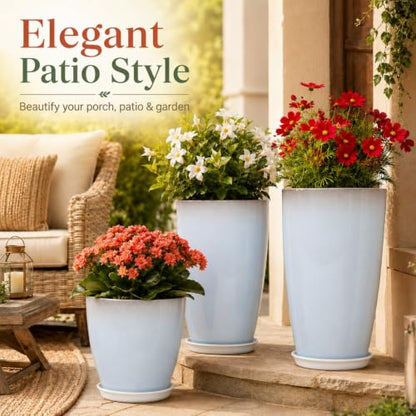 Neoaider Set of 3 Tall Planter, 24/21/12in Large Plastic Planter, WhiteJade | Ceramic-Look, Lightweight, Built-in Drain Hole, Saucers, Tall Outdoor Planter for Porch, Garden, Patio, Balcony - color: White Jade