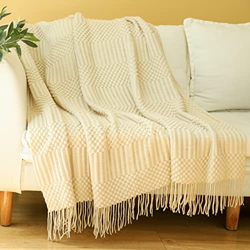 Blagic Knitted Throw Blanket for Couch, Bed and Sofa. Super Soft Blanket with Tassels, Beige/Ivory Throw Blanket, 50 x 60 Inches Lightweight & Cosy Home Decor - color: H-beige, size: 50 × 60 in