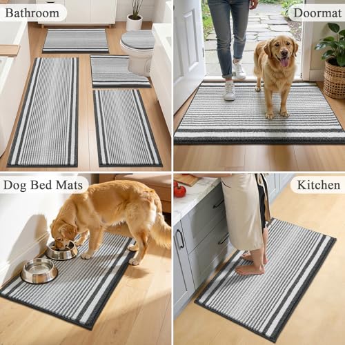 HEBE Chenille Bathroom Rugs Sets 3 Piece, Non Slip Washable Bath Mats Set | Absorbent Bathroom Mat Set, Soft Bath Rugs, Ultra Plush Bath Mat and U-Shaped Contour Toilet Rug Set for Tub Shower, Grey - color: Grey