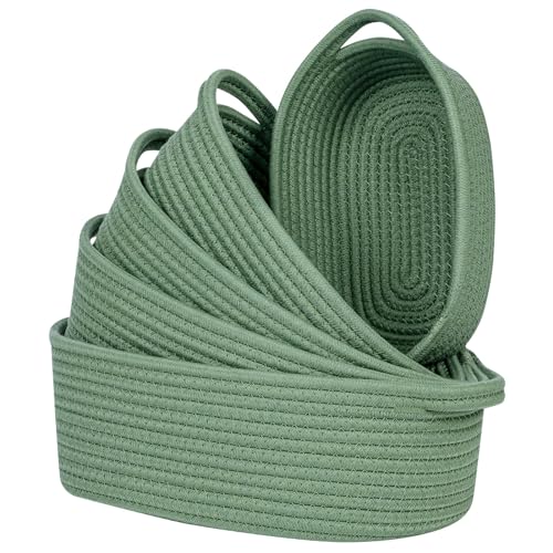 CubesLand Small Storage Basket Cotton Rope Organizer Baskets for Shelves | Set of 5 Decorative Closet Storage Bins with Handle for Countertop, Toilet Paper Basket for Toilet Tank Top, Green Basket - color: Green
