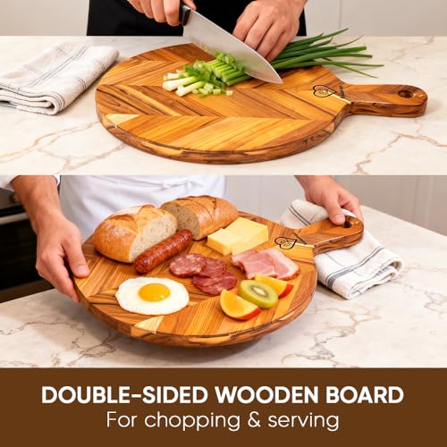 Teak Cutting Board 15.75x11.8x0.7" Round Wooden Cutting Board with Handle