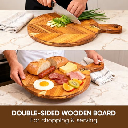 Teak Cutting Board 15.75x11.8x0.7" Round Wooden Cutting Board with Handle