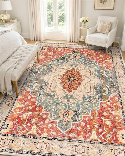 OLANLY 4x6 Washable Area Rugs, Soft Non Slip Carpet for Bedroom Living Room | Brick Red Boho Vintage Floral Medallion Farmhouse Rug, Spill & Stain Resistant Low Pile, for Dining Kitchen Office Bedside - color: Brick Red, size: 4' x 6' (Rectangular)