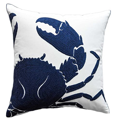 Embroidered Crab Throw Pillow Cover,Square 18 Inches Decorative Crab Canvas Pillow Cover for Nautical Style Deco by (Navy-Crab-New)