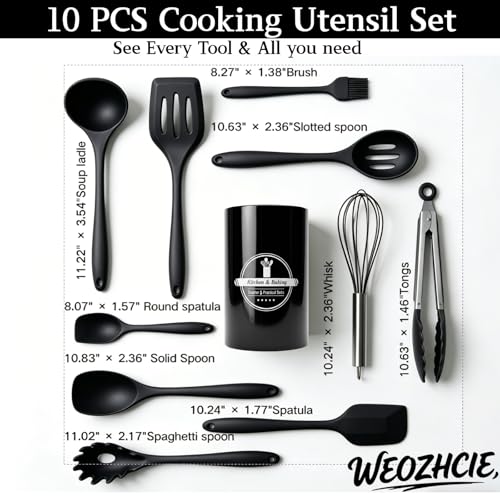 Silicone Kitchen Utensils Set,10 PCS Cooking Kitchen Utensils Set, Nonstick Kitchen Utensils 446°F Heat-Resistant Cookware Kitchen Tools of Spoon,Brush,Whisk,Spatula,Turner Tongs(Black)