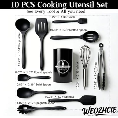 Silicone Kitchen Utensils Set,10 PCS Cooking Kitchen Utensils Set, Nonstick Kitchen Utensils 446°F Heat-Resistant Cookware Kitchen Tools of Spoon,Brush,Whisk,Spatula,Turner Tongs(Black)