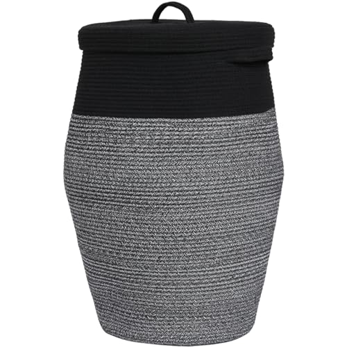 26"x20" Extra Large Tall Woven Laundry Basket with Lid, Cotton Rope Blanket Storage Basket, Freestanding Decorative Bin for Bedroom Living Room, Black & Grey Mix - color: Black in Black Light Grey Mix, size: 26"x20"