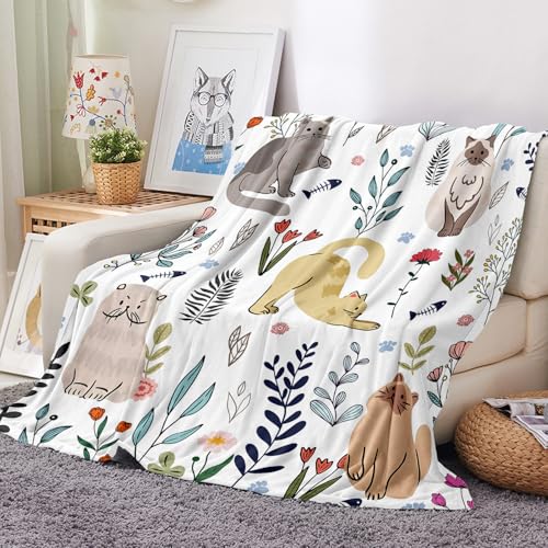 Cat Throw Blanket Floral Flower Blankets Gift for Cat Lover Throw Blanket Cats Themed Flannel Cozy Fuzzy Plush Blankets for Bed Chair Couch 50" X 60" - color: Flower Cat, size: 50" X 60"