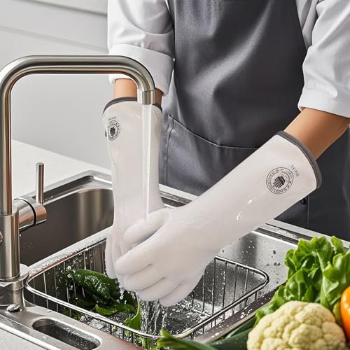 15" Long Silicone Oven Gloves, Heat Resistant Kitchen Oven Mitts (7/S) | Food Grade Waterproof Silicone Gloves for Cooking, Grilling & Smoker Barbecue, Sourdough Baking - color: White Extra Long, size: 7/S