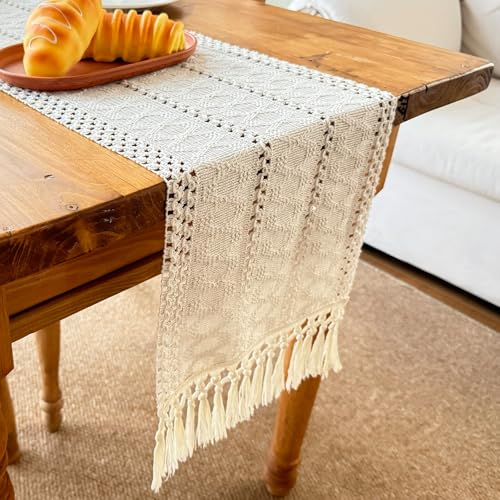 Macrame Table Runner Cream Beige Boho Table Runners with Tassels 90 Inches Long, Rustic Farmhouse Table Runners for Bohemian Kitchen Dining Table(12x90in, Fringe Included) - color: Cream Beige, size: 12"x90"