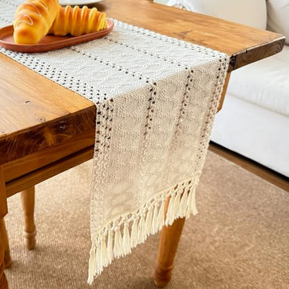 Macrame Table Runner Cream Beige Boho Table Runners with Tassels 90 Inches Long, Rustic Farmhouse Table Runners for Bohemian Kitchen Dining Table(12x90in, Fringe Included) - color: Cream Beige, size: 12"x90"