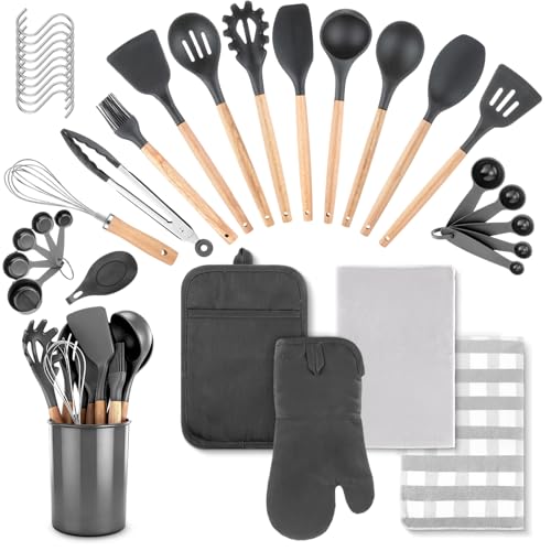 37 Pcs Oven Mitts and Pot Holders with Silicone Kitchen Utensils Set Silicone Cooking Utensils Set with Holder, Kitchen Towels, Heat Resistant Gloves for Christmas Baking Cooking(Dark Gray)