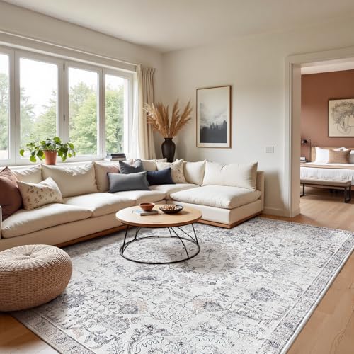 jinchan 8x10 Vintage Floral Area Rug, Large Washable Living Room Rug, Grey | Distressed Floral Design, Soft Low Pile Surface, Non Slip, Easy Care, Pet Friendly, Living Room Bedroom Dining Room - color: Distressed Grey Multi, size: 8' x 10' (Rectangular)