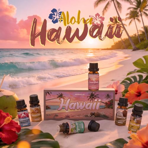ARVIDSSON Hawaii Fragrance Oil Set, Summer Essential Oils for Diffuser, Tropical Scent Oils - Sunset Breeze, Coconut Coast, Gild Pineapple, Tropical Citrus, Iced Watermelon, Tanderine Mojito - color: Pink