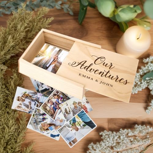 Koyal Wholesale Custom Engraved Cursive Our Adventures Wedding Keepsake Box, 4 x 6 -inch, Custom Names, Natural Wood Keepsake Box with Lid, Gift for Him & Her Photo Album Memory Gift Box - color: Cursive Our Adventures