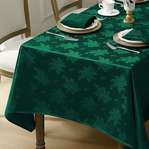 Romanstile Dark Green Rectangle Tablecloth - Spring Waterproof Damask Rose Floral Pattern Decorative Table Cloth, Heavy Weight Jacquard Fabric Table Cover for Dining/Party/Holiday - 52 x 70 Inch - color: Green, size: 70" x 52" (Rectangular)