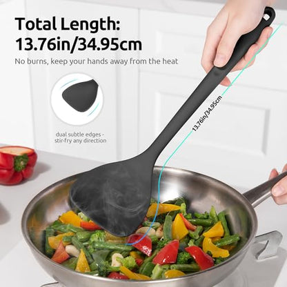 U-Taste 7+9+12 inch 600ºF Heat Resistant Silicone Kitchen Tong Set of 3 and 600ºF Heat Resistant 13.76" Long, 3.63" Wide Wok Spatula for Kitchen Stir Fry (Black)