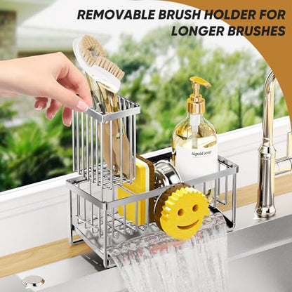 Sponge Holder for Kitchen Sink,Smiley Face Sink Caddy with Removable Brush Holder,Self-Draining Sponge Caddy for Soap,Dish Brush,Scrubber,Kitchen Essentials and Gadgets-Silver - color: 1 Tier Silver