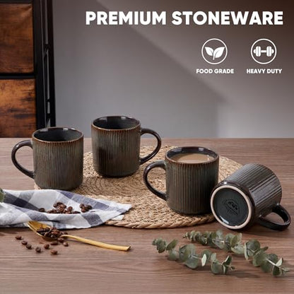 E-far Coffee Mugs Set of 4, 12 oz Stoneware Coffee Cups with Handle for Latte, Tea, Cocoa, Milk, Modern Ribbed Ceramic Mugs for Man Woman, Microwave & Dishwasher Safe, Blackish Green - color: Blackish Green