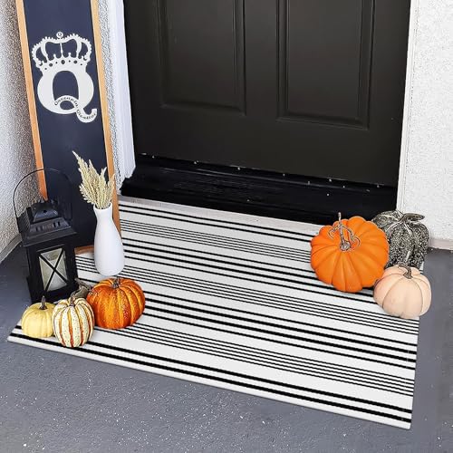 Fall Front Door Mat 24"x35" Welcome Mat Black and White Outdoor Rug | Cotton Woven Front Door Rug Washable Door Mat Outside Entrance Striped Rug Doormat for Fall Porch Decor/Farmhouse/Entryway - color: White/Black Stripe, size: 2' x 3' (Rectangular)
