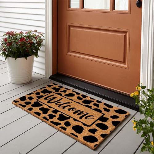 Funny Coir Boho Cow Print Welcome Mat - Heavy-Duty PVC Back Non Slip Outdoor Coconut Coir Doormat 23.6 x 15.7 inch - color: Boho Cow Print Welcome