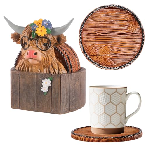 Highland Cattle Coasters - 6 Full-Size Rustic Wooden Coasters | Non-Slip for Log Cabin, Hunting, Man Cave, Bar & Farmhouse Decor | Protect Furniture - style: Highland Cattle-02