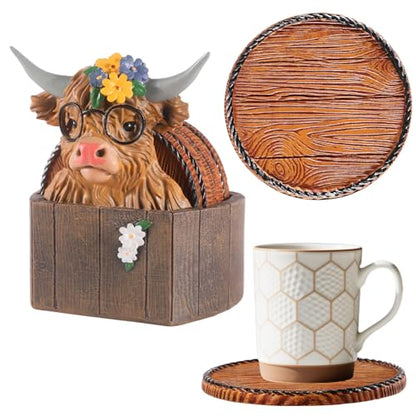 Highland Cattle Coasters - 6 Full-Size Rustic Wooden Coasters | Non-Slip for Log Cabin, Hunting, Man Cave, Bar & Farmhouse Decor | Protect Furniture - style: Highland Cattle-02