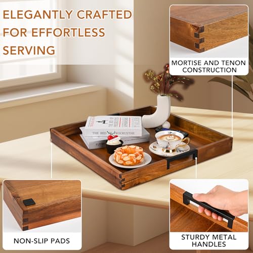 Large Square Ottoman Tray for Living Room and Coffee Table, Decorative Acacia Wood Serving Tray with Metal Handles for Breakfast in Bed, Dinner Food Kitchen TV (Natural, 20" x 20" x 2") - size: 20" x 20" x 2"