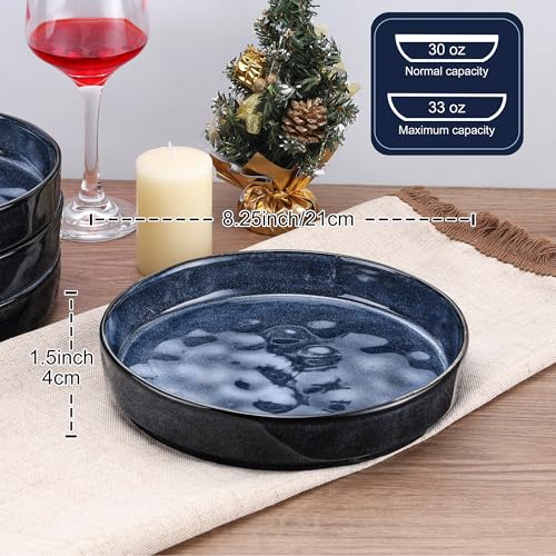LIANYU 33oz Pasta Bowls Sets of 4, Wide Shallow Stoneware Dinner Plates | 8.25’’ Large Ceramic Serving Bowls for Salad, Noodles, Soup, Cereal, Microwave & Dishwasher Safe, Cetacean Blue - color: Cetacean Blue