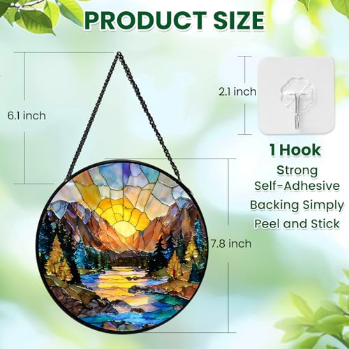 Stained Glass Window Hanging, Sunset Mountains Lake Tree Stained Glass Sun Catcher, Window Decor Scenery Lover Gift for Women, Couples, Best Friend, Family, Colleague, Classmate 7.8 Inch