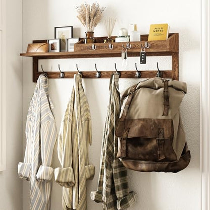 AMBIRD Coat Rack Wall Mount, 35 inch Large Wall Hooks with Shelf, Entryway Shelf with 7 Dual Coat Hooks 4 Key Hooks Mail Organizer, Wooden Coat Hanger and Key Holder Wall Mount - color: Brown, size: 35" L