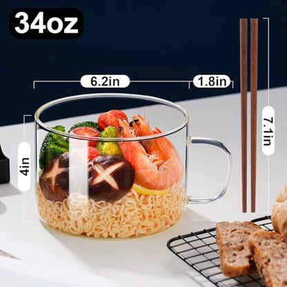 Baalaka Ramen Bowls Microwavable, Glass Soup Bowls With Handles, 34oz/1000ml Soup Mug With lid, Use-Friendly Ramen Bowl Set With Chopsticks (Pack of 2) - size: normal (Pack of 2)