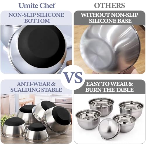 Umite Chef Mixing Bowls with Airtight Lids Set, 8PCS Stainless Steel Nesting Bowls Set, 3 Grater Attachments & Non-Slip Bottoms, Size 5, 4, 3.5, 2, 1.5QT for Baking & Mixing(Black) - color: Black