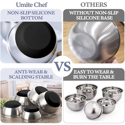 Umite Chef Mixing Bowls with Airtight Lids Set, 8PCS Stainless Steel Nesting Bowls Set, 3 Grater Attachments & Non-Slip Bottoms, Size 5, 4, 3.5, 2, 1.5QT for Baking & Mixing(Black) - color: Black