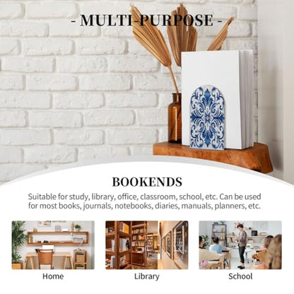 Blue White Flower Ceramic Pattern Bookends Decorative Wooden Book Ends Heavy Duty Metal Bookends Non Slip Book Holders for Shelves Desk Office Library Home Decor