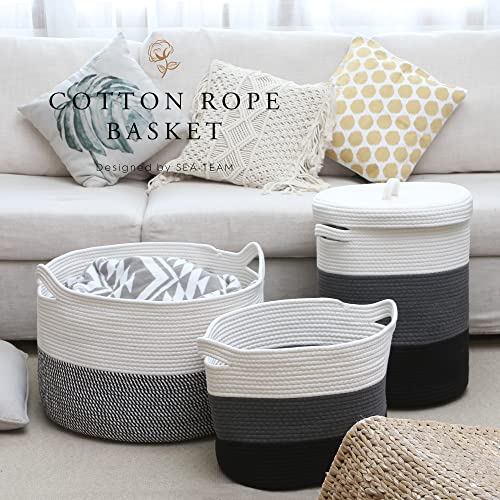 Sea Team Large Woven Cotton Rope Laundry Basket with Lid, 20 x 16 in | Collapsible Knitted Hamper with Handles, Lidded Closet Shelf Organizers for Clothing, Blankets, Toys, Bedding, Black - color: White & Black