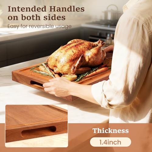 Empune Cherry Wood Cutting Boards for Kitchen Wooden Cutting Board with Handle, Chopping Board with Built-in Juice Groove & Well, Heavy-duty Charcuterie Board Butcher Block, 16.5x11.8x1.4 Inches - color: Cherry Wood