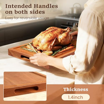 Empune Cherry Wood Cutting Boards for Kitchen Wooden Cutting Board with Handle, Chopping Board with Built-in Juice Groove & Well, Heavy-duty Charcuterie Board Butcher Block, 16.5x11.8x1.4 Inches - color: Cherry Wood