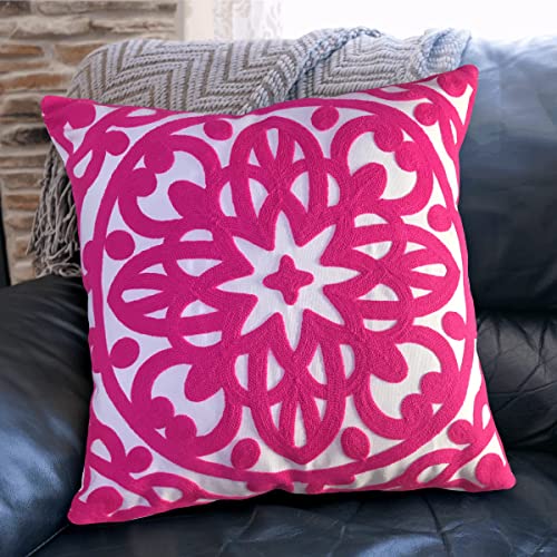 Alysheer Embroidered Decorative Throw Pillow Cover 20"x 20", Boho Mandala Modern Thick Embroidery Pattern, Durable Cotton Canvas Soft Cushion Case for Sofa Couch Bed Living Room (Bright Hot Pink) - color: Vivid Hot Pink, size: 20" x 20" (Pack of 1)
