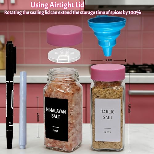 Pink Spice Jars with Labels - 24 Glass Spice with Shaker Lids & Airtight Plastic Caps - 4oz Complete Seasoning Containers Organizer Set for Cabinet, Drawer & Rack (Deeppink) - color: Deeppink
