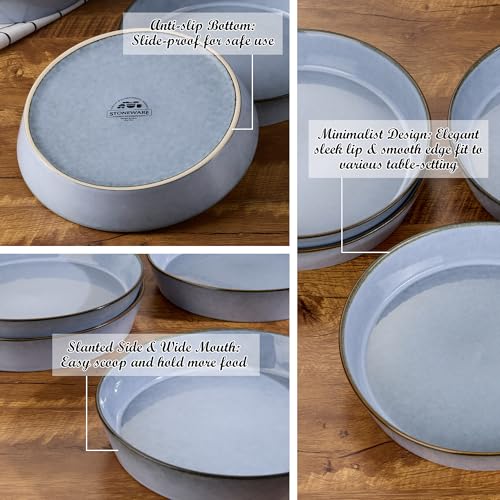 E-far Pasta Bowls, 34oz Stoneware Bowl Plate for Dinner Serving Soup Salad, Wide & Shallow Large Ceramic Pasta Plate Set of 4, Microwave & Dishwasher Safe, Reactive Glaze with Rim, Ocean Blue - color: Ocean Blue