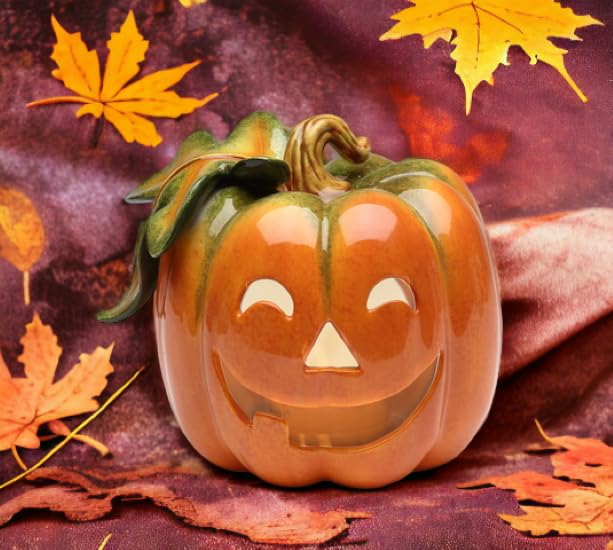 Fine Ceramic Jack-O-Lantern Pumpkin Design Tea Light Candle Holder, 5" L