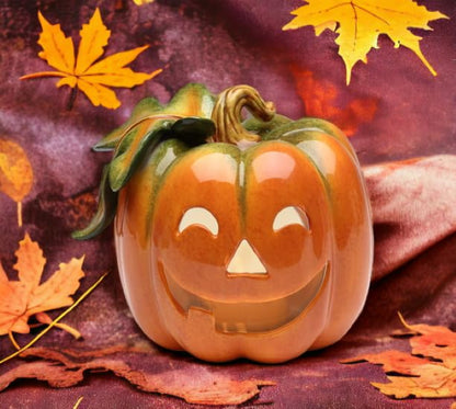 Fine Ceramic Jack-O-Lantern Pumpkin Design Tea Light Candle Holder, 5" L