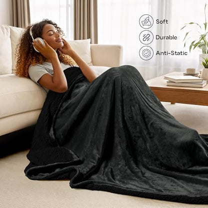 Utopia Bedding Reversible Plush Sherpa Blanket King Size Black, 90x102 Inch | Soft, Warm, Fleece, Bed, Sofa, Couch, Camping, Travel, Cozy, All Season - color: Black, size: King (90x102 Inch)